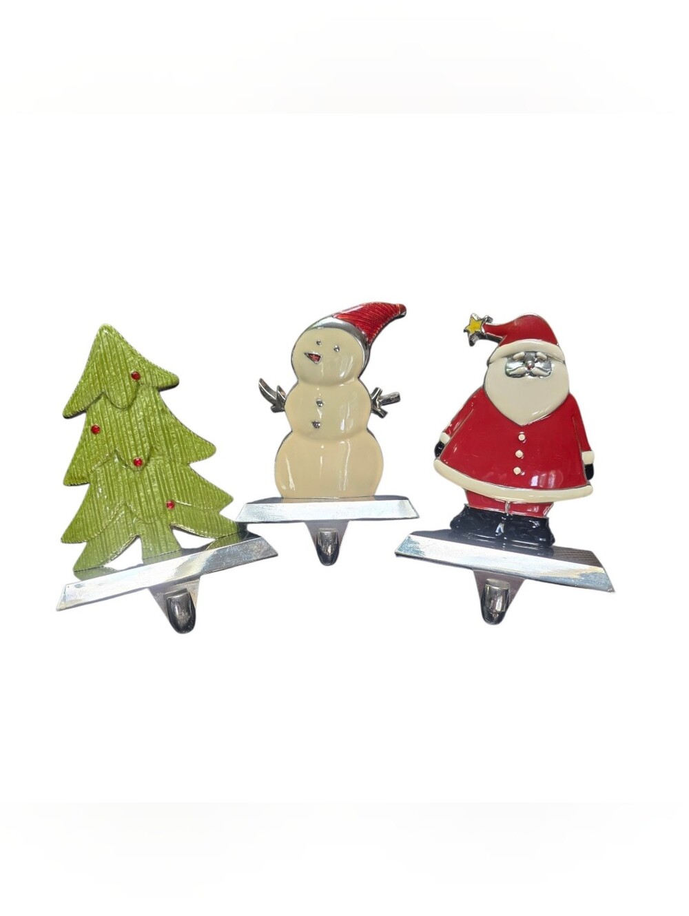 Set of 3 Vintage Christmas Stocking Holders Santa Tree Snowman Enamel